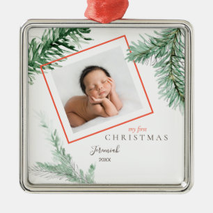 Pine Bough Child Photo My 1st Christmas Metal Ornament