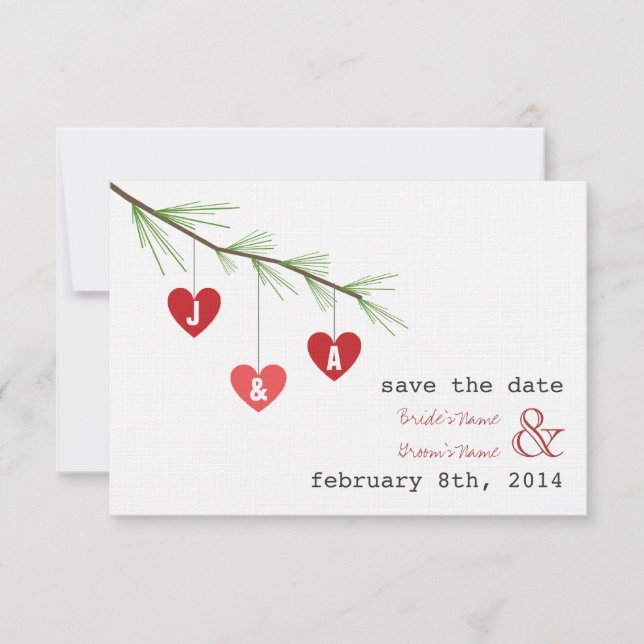 Pine Bough  Hearts Valentine Wedding Save The Date (Front)