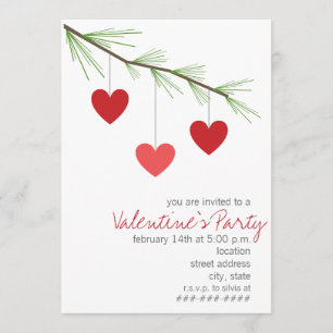 Pine Bough & Red Hearts Valentine's Party Invite