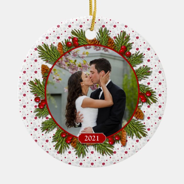 Pine Boughs Holly 1st Christmas Together Photo Ceramic Ornament (Front)