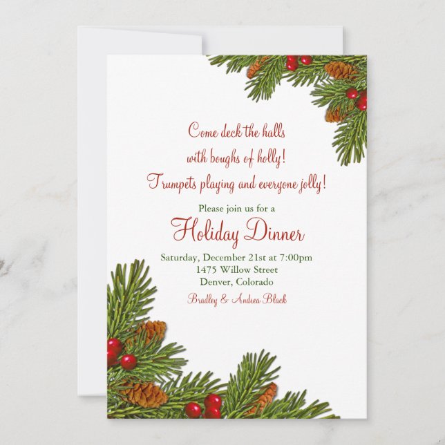Pine Boughs Holly Christmas Holiday Party Invitation (Front)