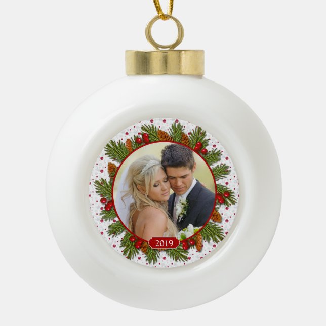 Pine Boughs Holly First Christmas Together Photo Ceramic Ball Christmas Ornament (Front)