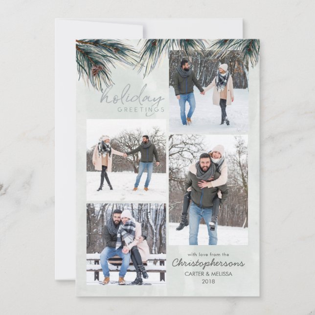 Pine Boughs Watercolor HOLIDAY GREETINGS 4 Photos (Front)