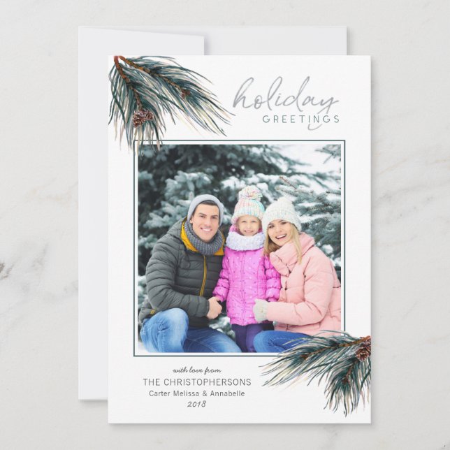 Pine Boughs Watercolor HOLIDAY GREETINGS Photo (Front)