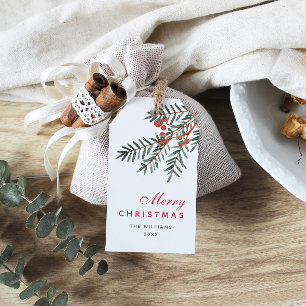 Pine Branch and Berry Personalized Holiday Gift Tags