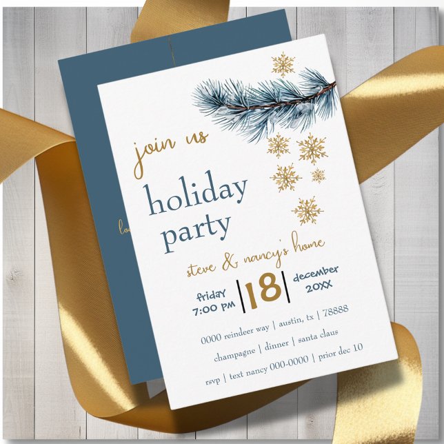 Pine Branch and Gold Snowflakes Holiday Party Invitation (Modern holiday party invite with gold snowflakes and pine branch you can customize. )