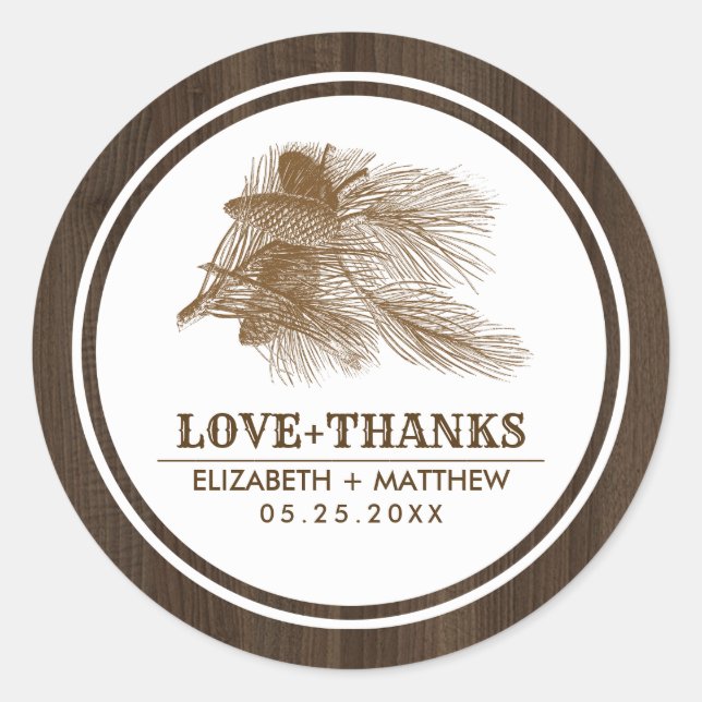 Pine Branch Barn Wood Farm Wedding Classic Round Sticker (Front)