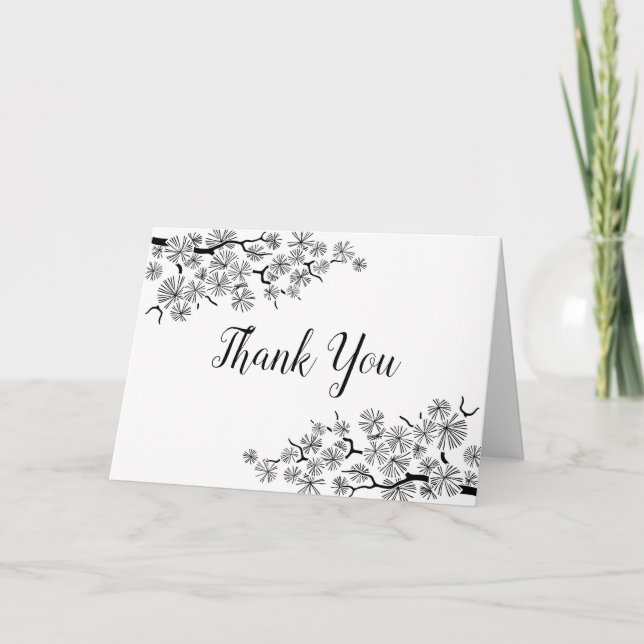 Pine Branch Black White Thank You Card (Front)