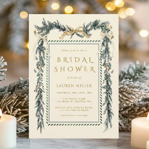 Pine Branch Frame Christmas Bridal Shower Ivory Invitation