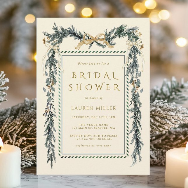 Pine Branch Frame Christmas Bridal Shower Ivory Invitation (Creator Uploaded)