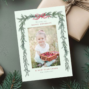 Pine Branch Frame Photo Mint Green Christmas Holiday Card