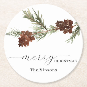 Pine Branch Greenery Holiday Round Paper Coaster