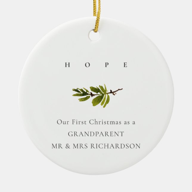Pine Branch Our First Christmas Photo Hope Ceramic Ornament (Front)