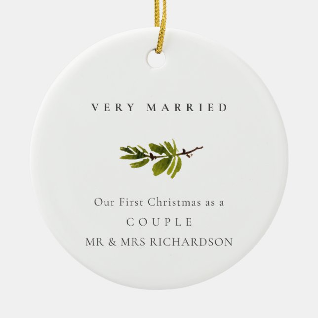 Pine Branch Our First Christmas Photo Vey Married Ceramic Ornament (Front)