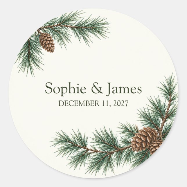 Pine Branch Pinecone Wedding Classic Round Sticker (Front)