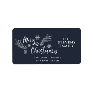 Pine branch  snowflake script Merry Christmas  Label