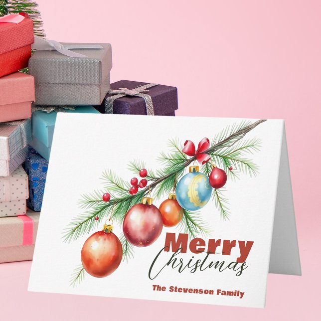 Pine Branch with Elegant Christmas Baubles Card (Creator Uploaded)