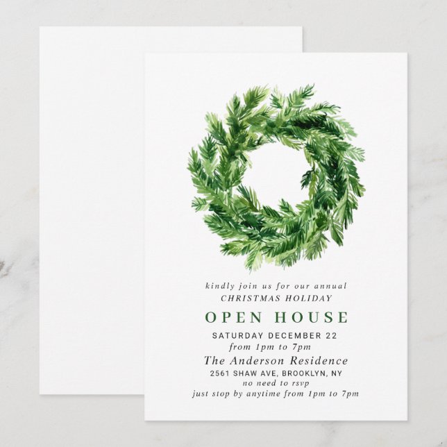 Pine Branch Wreath CHRISTMAS HOLIDAY OPEN HOUSE Invitation (Front/Back)
