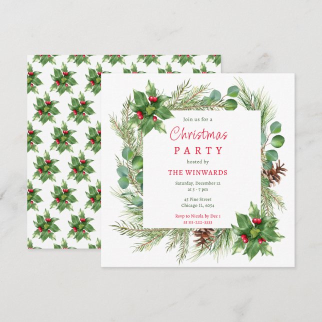 Pine Branches and Berries Christmas Party  Invitation (Front/Back)