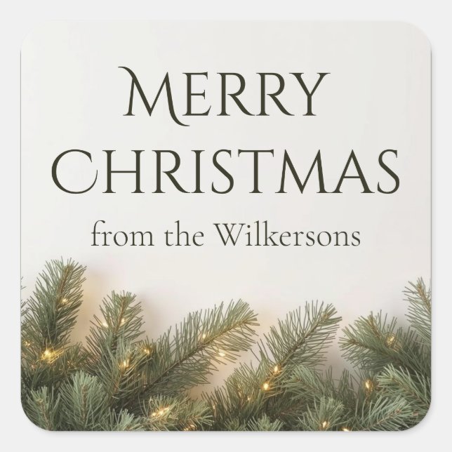 Pine Branches and Christmas Lights Custom Name Square Sticker (Front)