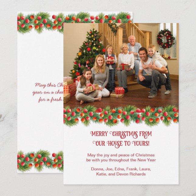 Pine Branches Holly Berries Photo Christmas Holiday Card (Front/Back)