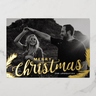 Pine Branches Merry Christmas Photo Gold Foil Holiday Card