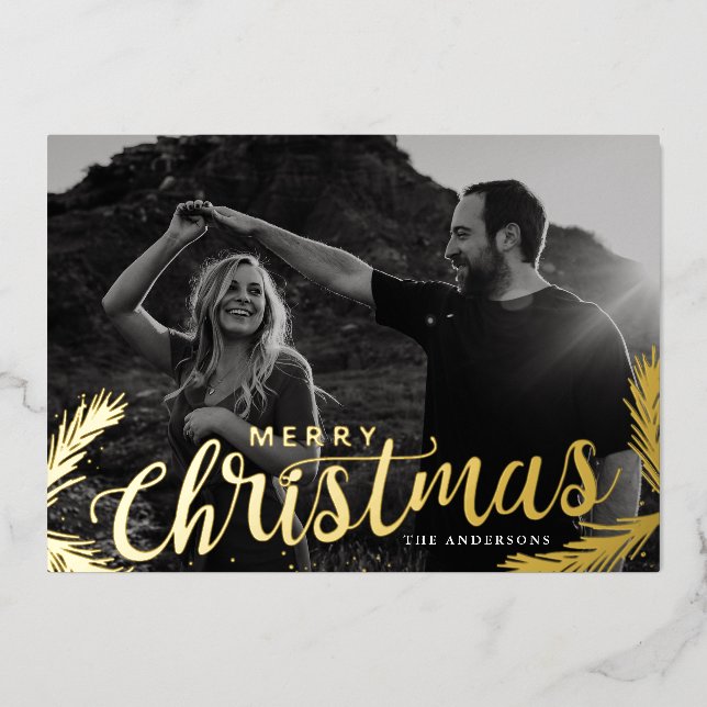 Pine Branches Merry Christmas Photo Gold Foil Holiday Card (Front)