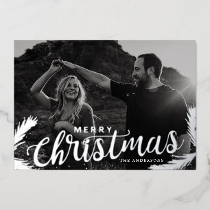Pine Branches Merry Christmas Photo Silver Foil Holiday Card