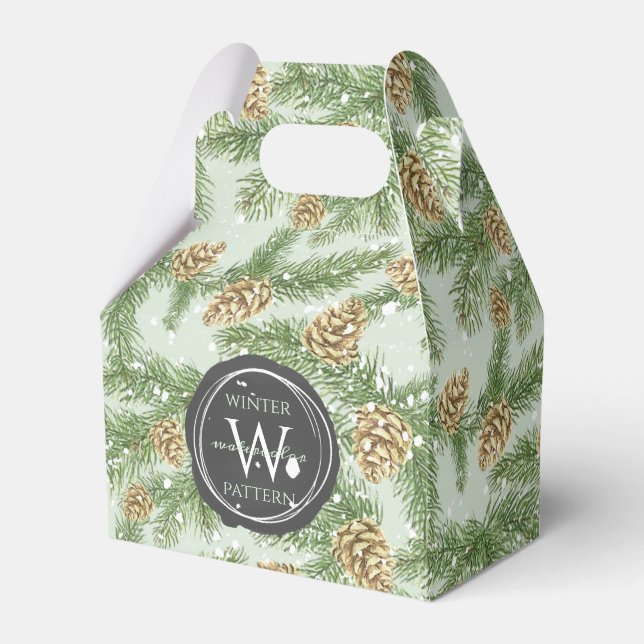 Pine Branches & Pine Cones Watercolor Pattern Favor Box (Front Side)