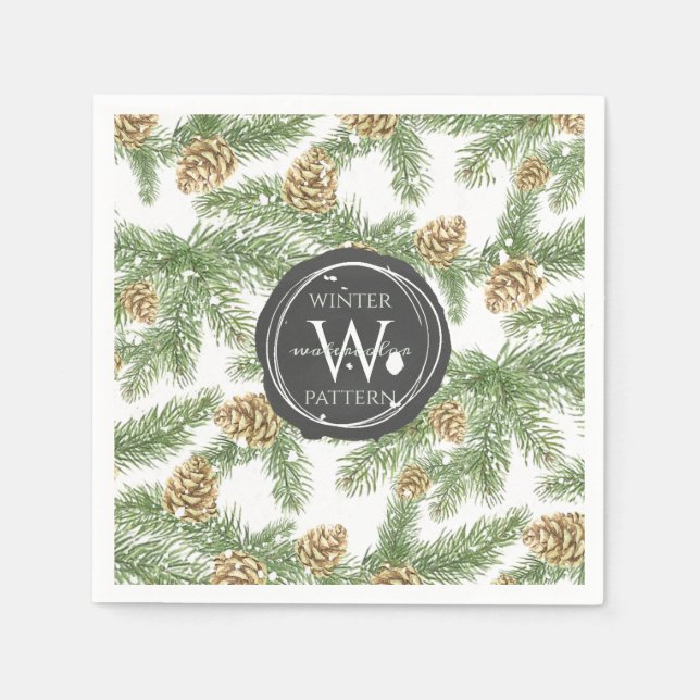 Pine Branches & Pine Cones Watercolor Pattern Napkin (Front)