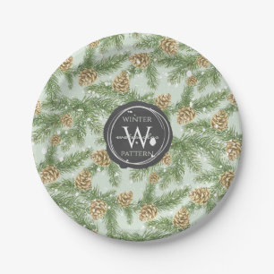 Pine Branches & Pine Cones Watercolor Pattern Paper Plate