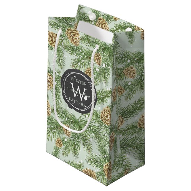 Pine Branches & Pine Cones Watercolor Pattern Small Gift Bag (Front Angled)