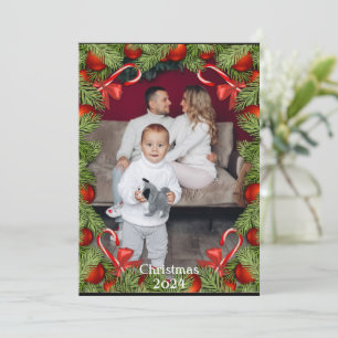 Pine Candy Canes Photo Name Christmas Holiday Card