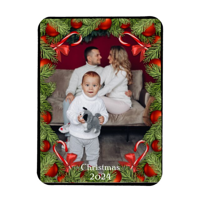 Pine Candy Canes Photo Name Christmas Holiday Card Magnet (Vertical)
