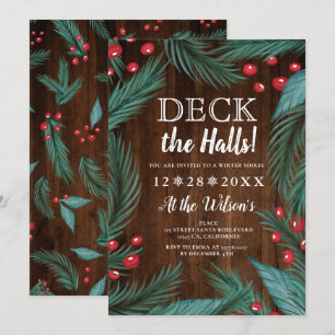 Pine Christmas mistletoe wood deck the halls Invitation