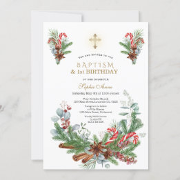 Pine Cinnamon Candy Cane 1st Birthday &  Baptism Invitation