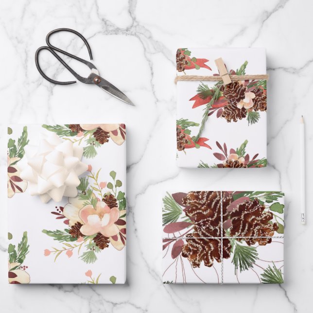 Pine Cone and Floral Bouquets Assorted Wrapping Paper Sheet (Front)