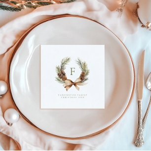 Pine Cone & Bow Wreath Monogram Family Holiday Napkin