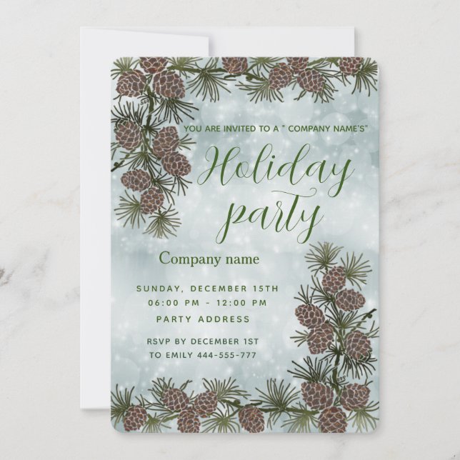 Pine cone branch holiday party corporate invitation (Front)