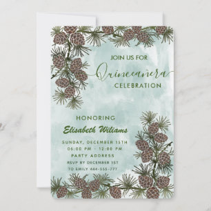 Pine cone branch watercolor Quinceañera Invitation
