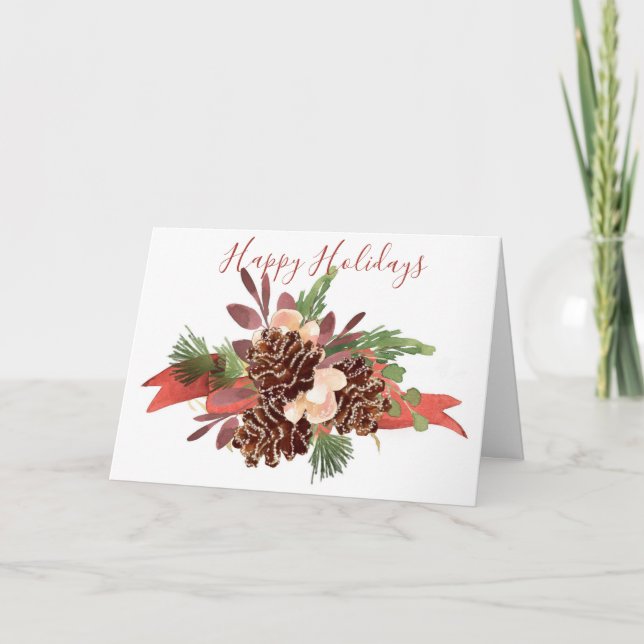 Pine Cone Cluster with Ribbon Holiday Card (Front)