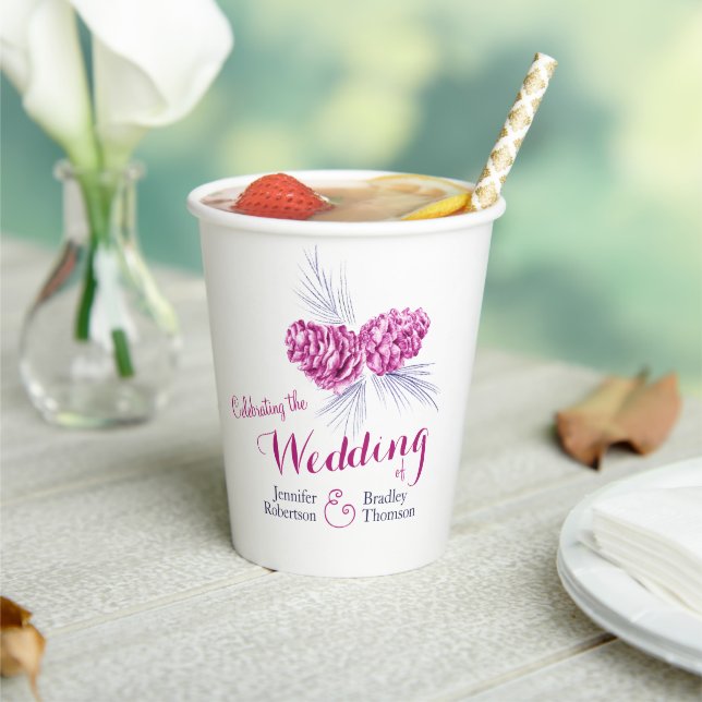 Pine cone drawing blue plum  winter wedding paper cups (Insitu)