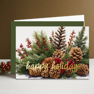 Pine Cone Evergreen Red Berries Rustic Foil Holiday Card