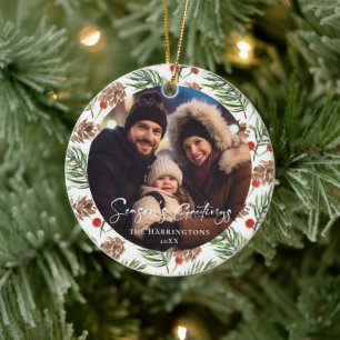 Pine Cone Family Holiday Photo Ornament