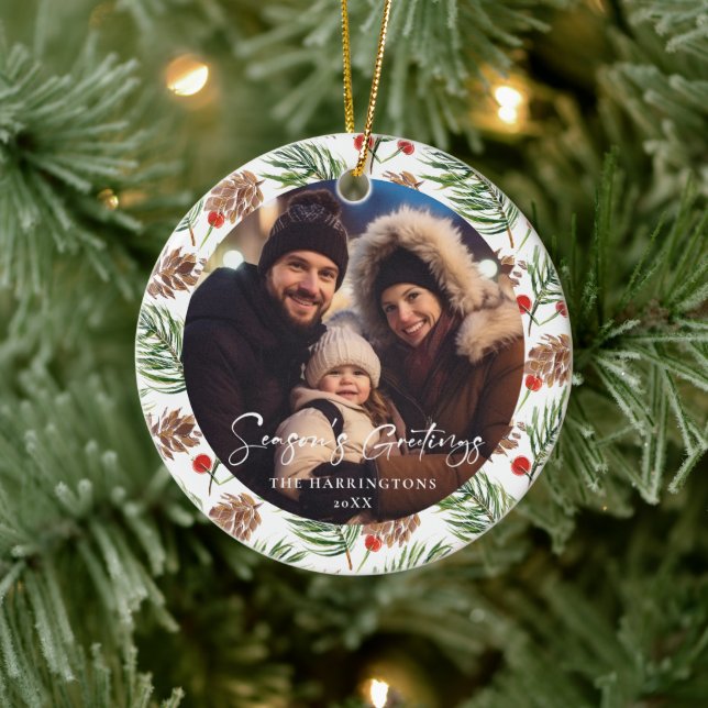 Pine Cone Family Holiday Photo Ornament (Tree)