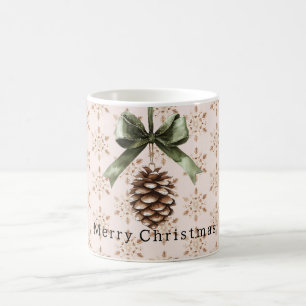 Pine Cone Green Bow Christmas Cream Snowflakes Coffee Mug