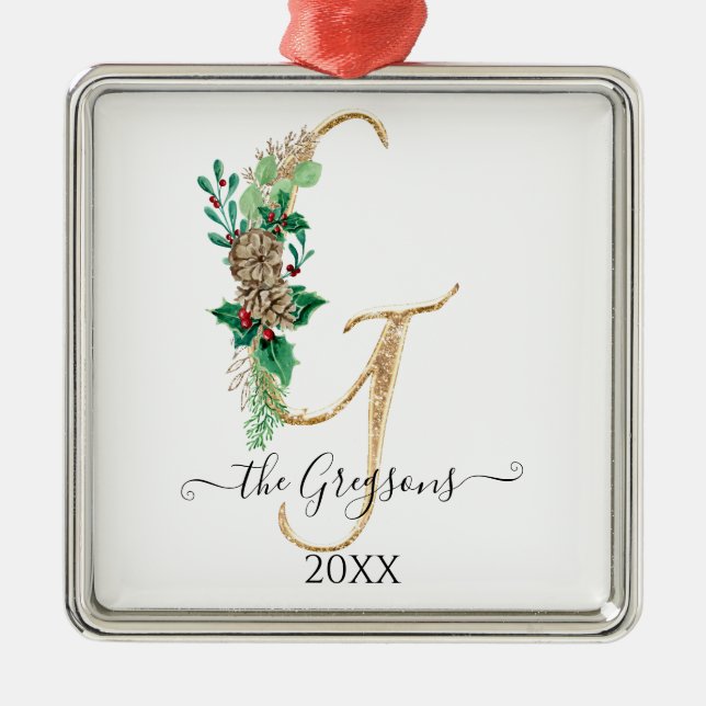 Pine Cone Holly Christmas Gold Glitter Monogram G Metal Ornament (Front)