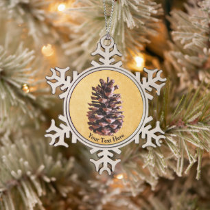 Pine Cone On Vintage Paper Snowflake Pewter Christmas Ornament