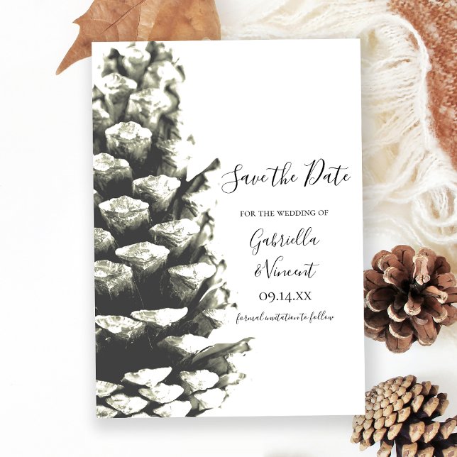 Pine Cone on White Woods Wedding Save the Date (Creator Uploaded)