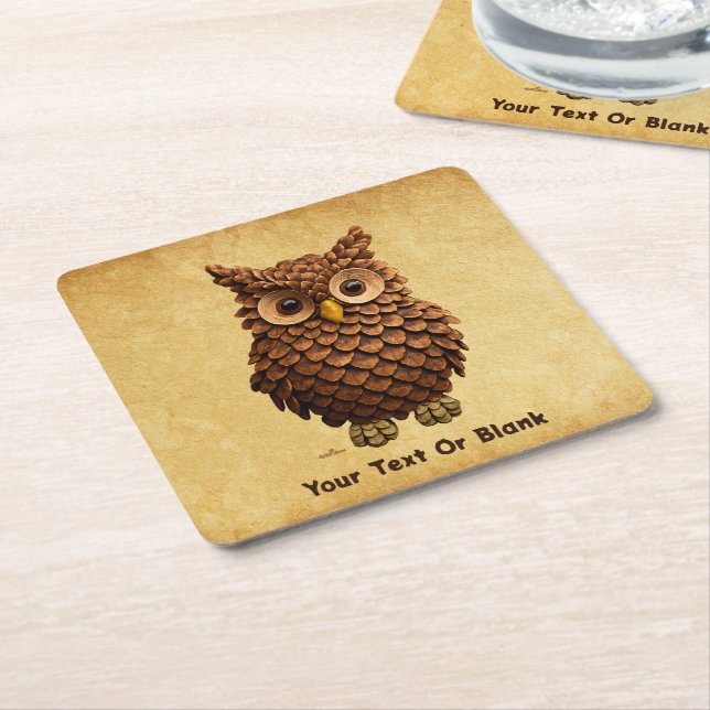 Pine Cone Owl Square Paper Coaster (Angled)